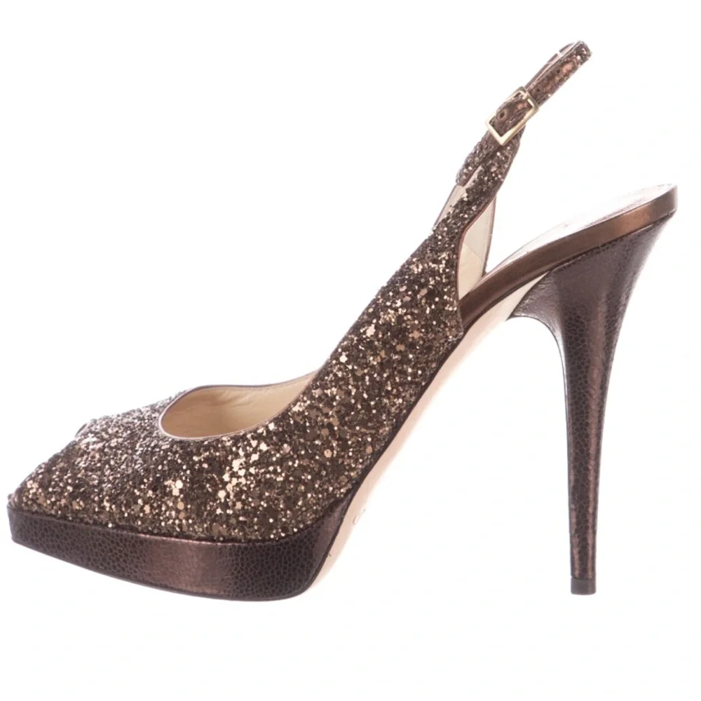 JIMMY CHOO Chocolate Glitter Peep Toe Slingback Heels